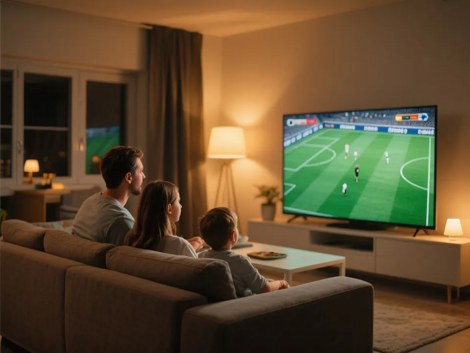 家庭在客廳用電視觀看足球賽事的示意圖